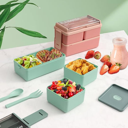 2 Pack Bento Box Adult Lunch Box,49OZ Leakproof Eco-Friendly Stackable Bento Lunch Box Meal Prep for Dining Out, Work, Picnic, School (green+pink)
