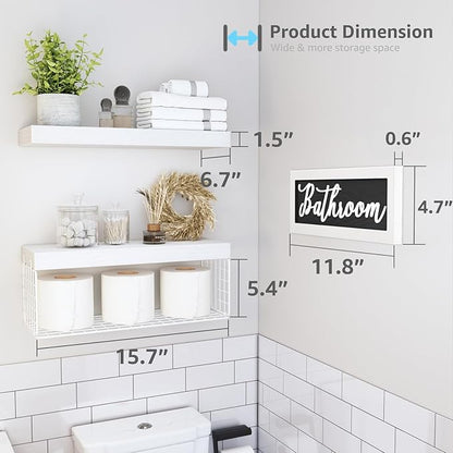 QEEIG ‎Bathroom Shelves Over Toilet - Paper Storage Wall Mounted Farmhouse Decor Decorations Aesthetic Décor Sign Small Floating Shelf 2+1 Set 16 inch, White (020WW)