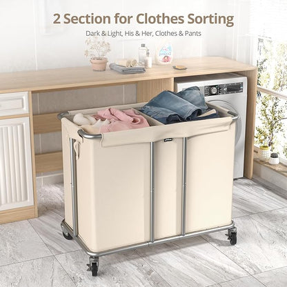 230L Rolling Laundry Hamper, 2-Section Laundry Basket with Wheels, 61 Gallons Laundry Sorter with Metal Structure and Removable Liner, Clothes Hamper for Laundry Room, Bathroom, Bedroom, Beige