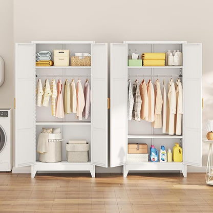 INTERGREAT 71” H Metal Wardrobe Cabinets with 2 Doors, Large Clothing Storage Cabinets with Hanging Rod and Adjustable Shelves, Closet for Home Living/Laundry Room(White)