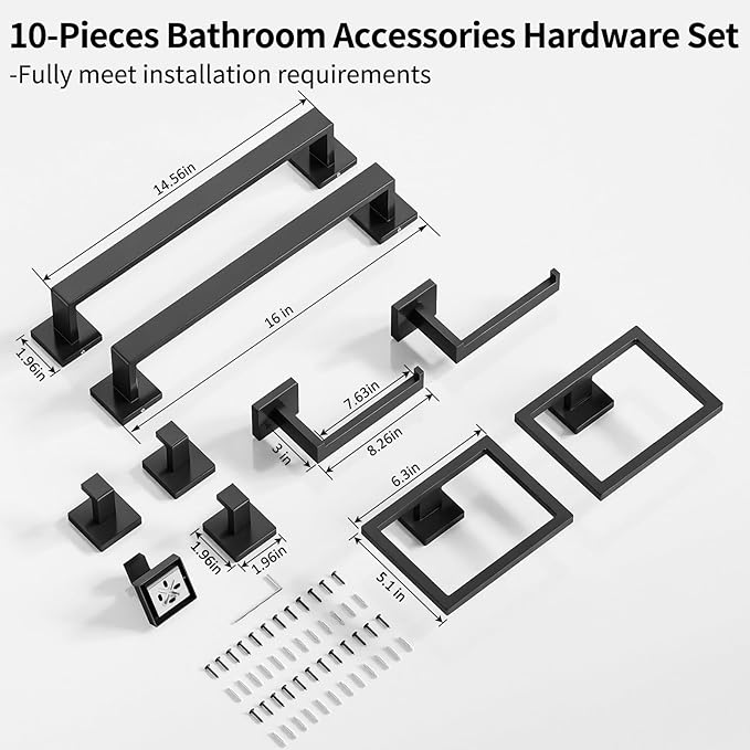 Bathroom Accessories Set 10-Piece Stainless Steel Modern Wall Mount Towel Racks for Bathroom 16In, Matte Black
