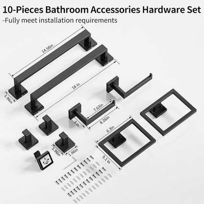 Bathroom Accessories Set 10-Piece Stainless Steel Modern Wall Mount Towel Racks for Bathroom 16In, Matte Black