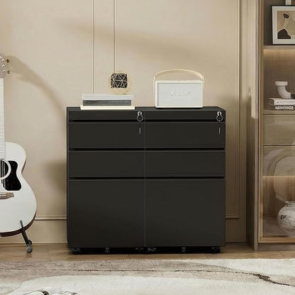 Bonusall Fully Assembled 3-Drawer Metal File Cabinet with Lock - Mobile Under Desk Filing Cabinet for Legal/Letter/A4 Size, Anti-Tilt Mechanism, Pre-Installed Office Storage, Black
