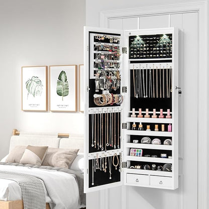 Giantex Jewelry Armoire Wall Door Mounted, Lockable Jewelry Cabinet with 42.5'' Full Length Mirror, 2 LEDs Jewelry Organizer Box with 2 Drawers, Mirror with Jewelry Storage (White)