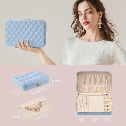 Lolalet Travel Jewelry Case for Women Girls, Travel Jewelry Organizer Box with Mirror & Clear Storage Bag, Small Portable Earring Necklace Bracelet Ring Case, Birthday Valentine Gifts -Large, Blue