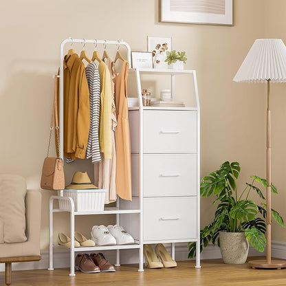 SWTYMIKI Dresser with Hanging Rack - 3 Fabric Drawers Kids Dresser for Bedroom - Reversible Tall Storage Tower, Small Space Clothes Storage Organizer Cabinet for Apartment, Dorm 49.21''H, White