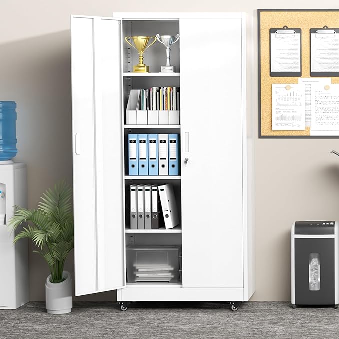 Greenvelly 73" Rolling Storage Cabinet,White Metal Garage Cabinet with Locking Doors and 4 Adjustable Shelves for Home,Kitchen,Office,Warehouse(32" W x 16" D,Wheels)
