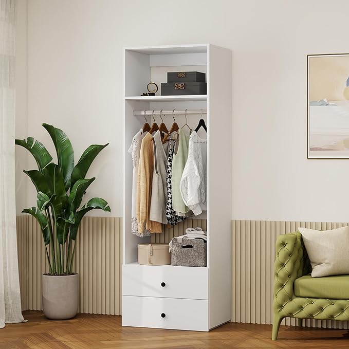 GraceGrove 71" High Modular Wooden Closet Organizer System with Shelves &2 Drawers, Wall Mount Shelving with Haning Rod, Walk in Closet Bedroom Organization,Closet Organizers and Storage, White