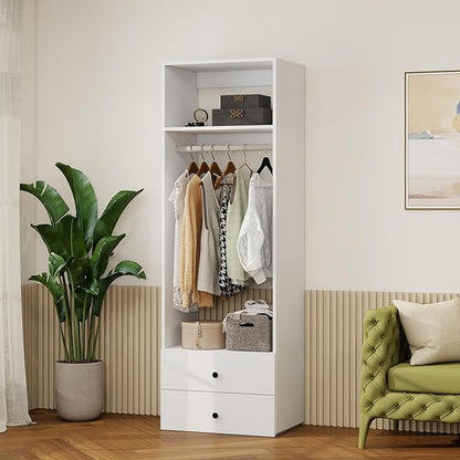 GraceGrove 71" High Modular Wooden Closet Organizer System with Shelves &2 Drawers, Wall Mount Shelving with Haning Rod, Walk in Closet Bedroom Organization,Closet Organizers and Storage, White