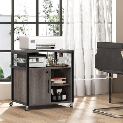 Giantex File Cabinet, Lateral Filing Cabinet with Lock, Wheels, Charging Station, Cable Hole, Lockable Side Cabinet, Adjustable Shelves, Metal Frame, Printer Stand for Home Office Small Space (Grey)