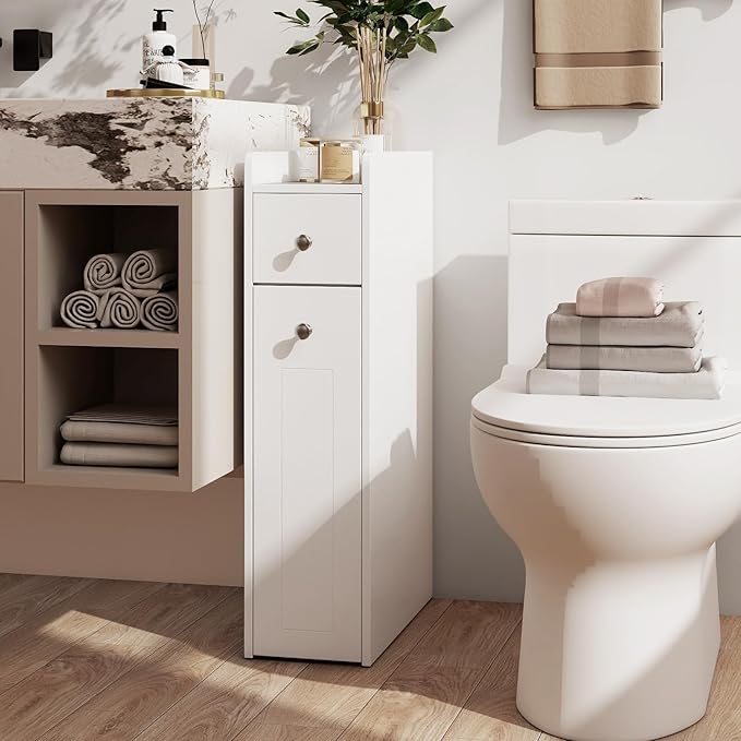 Tangkula Slim Bathroom Storage Cabinet, 4-Tier Narrow Small Side Storage Cabinet Next to Toilet, Slide Out Drawers on Casters, Bathroom Floor Organizer Toilet Paper Holder for Small Spaces (White)
