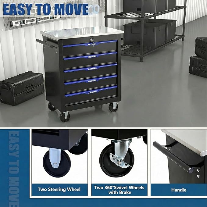 5-Drawer Rolling Tool Chest with Stainless Steel Countertop,Tool Chest with Secure Locking System,Mobile Storage Tool Cabinet with 360°Wheels and Padded Feet,for Home,Garage (Black+Blue)