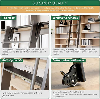 87" Attic Rolling Library Ladder,7 Step Aluminum Ladder with,with 4FT Sliding Hardware Track Kit Bottom Wheel Included&Handrail,Loft Ladder,Wall Stairs Stair Platform Bunkbed Ladder