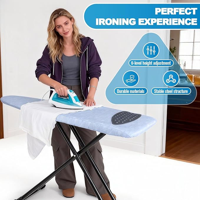 Ironing Board with Silicon Iron Mat Heavy Metal Frame Legs Iron Stand for Home, Laundry Room, Foldable Compact Ironing Board Wall Mount Hanger, Height Adjustable, 13x43in
