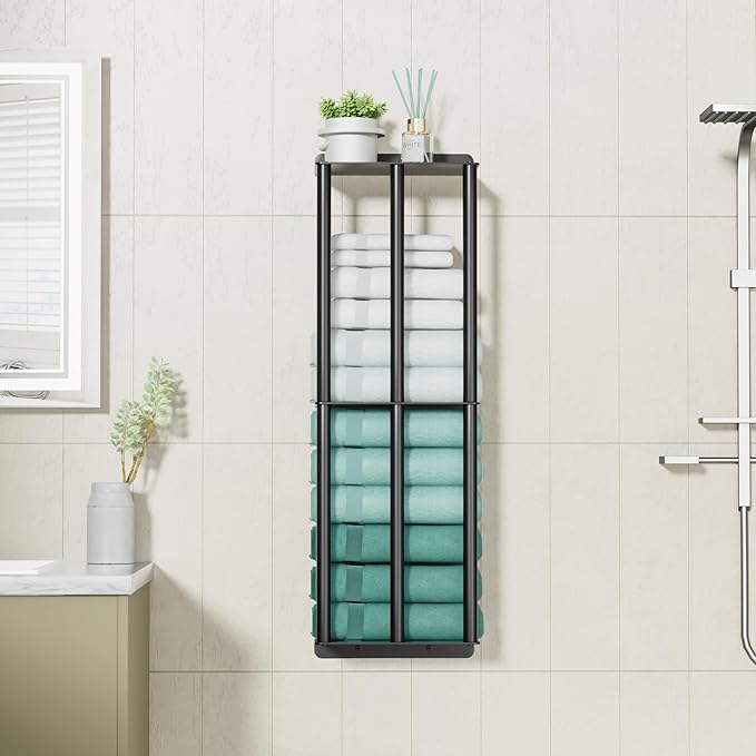 Towel Racks for Bathroom: 26 Inch Wall Mounted Towel Holder, Upgrade 2-Tier Towel Rack with 3-Vertical-Bars and 3-Steel-Shelves, for Modern Decor Bathroom Towel Storage (Matte Black)