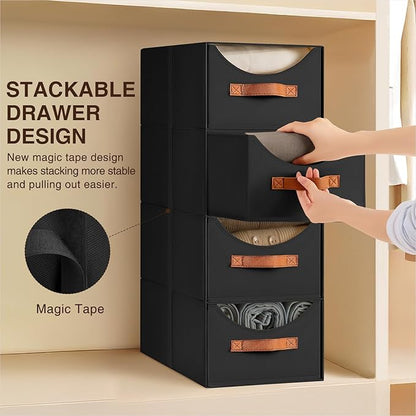 Stackable Storage Drawers - Collapsible Storage Bins with Drawers, 6 Pack Closet Shelf Organizer Basket, Fabric Pull Out Organizer for Bedroom, Living Room, Dorm, Black