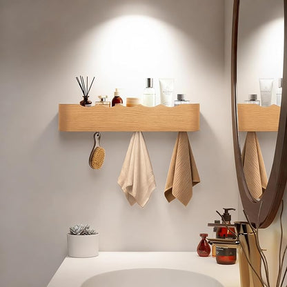 Wall Coat Rack Floating Shelves Modern Coat Rack Wall Mount with Storage Entryway Shelf Wooden Hanger 20 Inch 4 Hidden Metal Hooks for Living Room Bedroom (Wavy Oak, 5 Hooks)