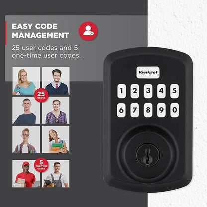 Kwikset Powerbolt 250 10-Button Keypad Matte Black Transitional Electronic Deadbolt Door Lock, Featuring Convenient Keyless Entry, Customizable User Codes and Auto-Locking