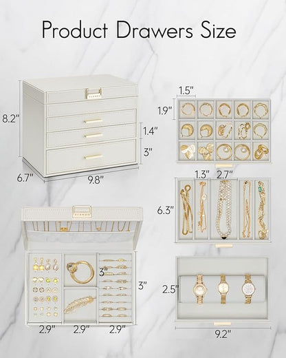 Vlando 4 Layer Large Jewelry Box - Jewelry Holder Organizer, Jewelry Box Organizer for Drawer Necklace Ring Bracelet and Watch, Birthday Gift for Loved Ones - Beige