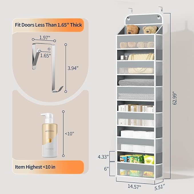 Yecaye Over Door Organizer, 60 lbs Load Capacity, Metal Hanging Storage with 6 Shelves for Toys, Bathroom, Nursery, Dorm Room, Grey