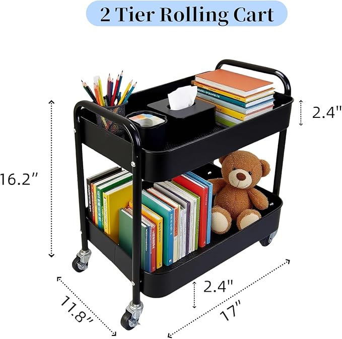 2 Tier Rolling Cart with Wheels for Under Desk Storage & Pantry Room, Large Capacity Laundry Room & Makeup Organizer, Sturdy Kitchen Utility Cart for Small Space with 4 Hooks, Black