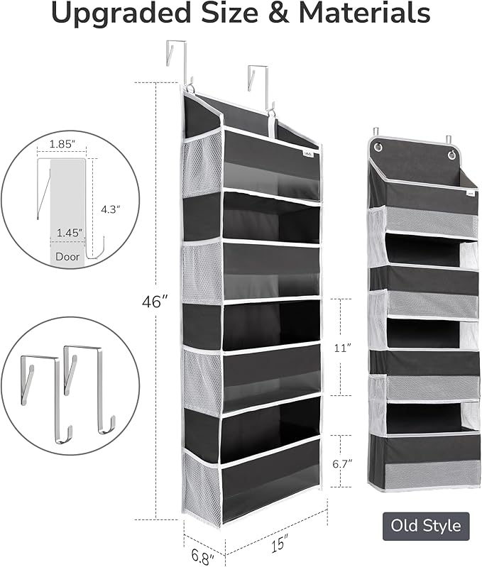 ULG 1 Pack Over Door Organizer with 4 Large Pockets 6 Mesh Side Pockets, 36 lbs Weight Capacity Hanging Storage Organizer with Clear Window for Bedroom Nursery, Baby Kids Toys, Diapers, Dark Grey