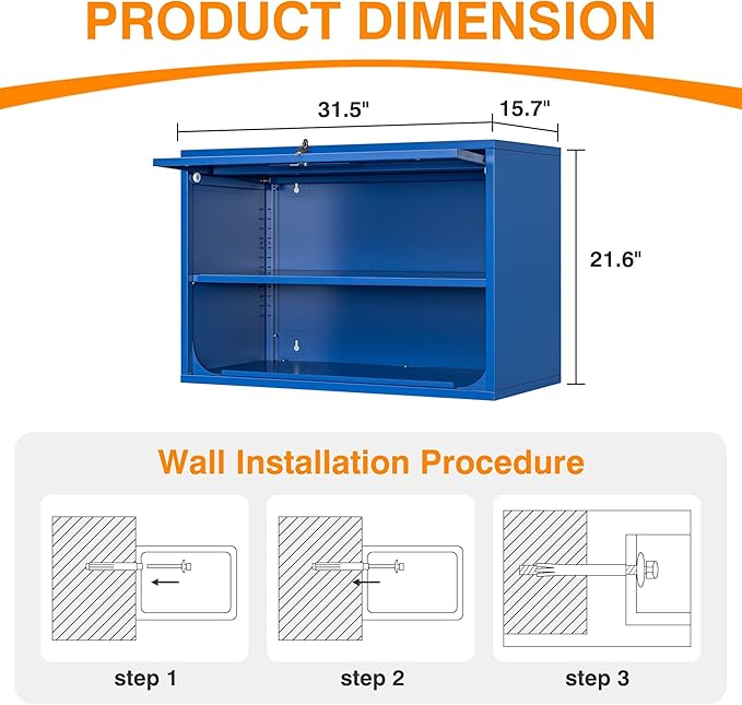 Metal Wall Cabinet with Locking Door and Shelf, Hanging Garage Cabinets with Up-Flip Doors for Garage, Warehouse, Home, Office, Assembly Required (Blue, One Cabinet)