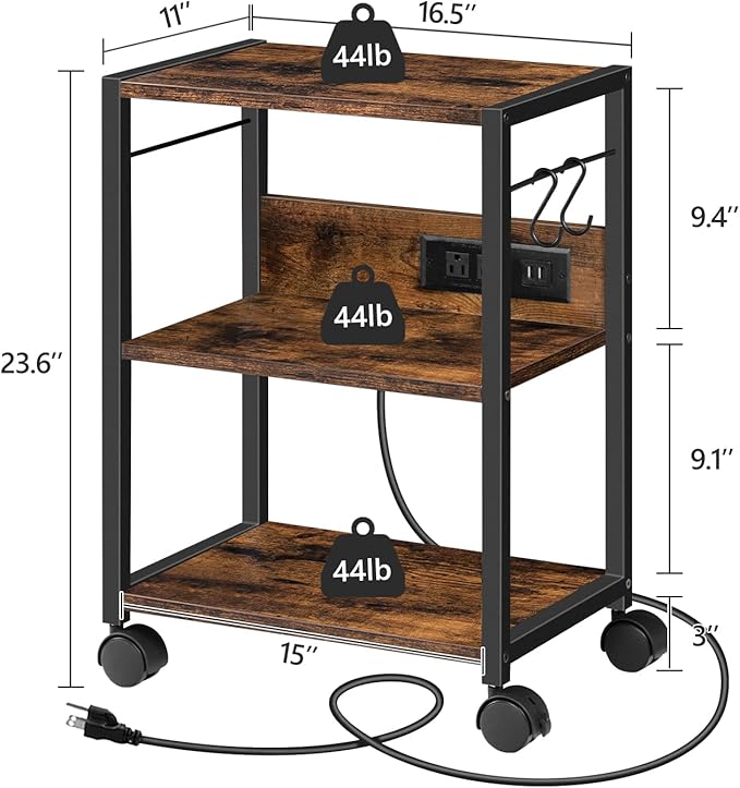 Industrial Printer Cart, 3-Tier Mobile Printer Stand, Rolling Cart with Power Outlets and USB Ports, Home Printer Stand with 2 Hooks, for Office, Living Room, Rustic Brown PTHR40E01Z