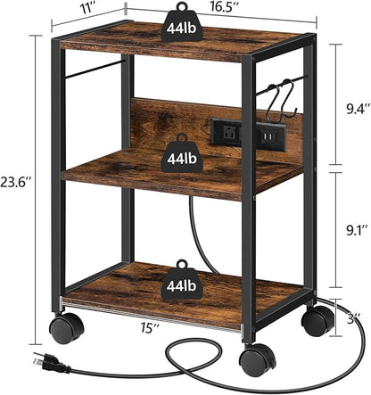 Industrial Printer Cart, 3-Tier Mobile Printer Stand, Rolling Cart with Power Outlets and USB Ports, Home Printer Stand with 2 Hooks, for Office, Living Room, Rustic Brown PTHR40E01Z