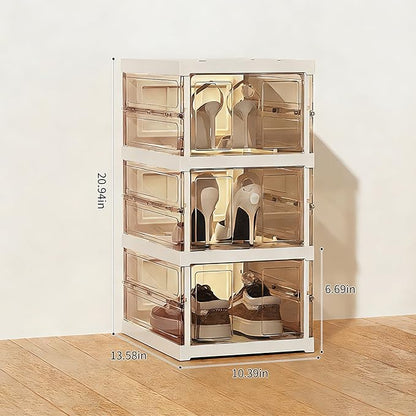 Foldable Collapsible Shoe Box Organizer Rack – 3 Tier Stackable Clear Sneaker Storage Boxes with Lids, Folding Shoe Cabinet Shelf, Plastic Portable Storage Bins with Easy Assembly for Closet Entryway