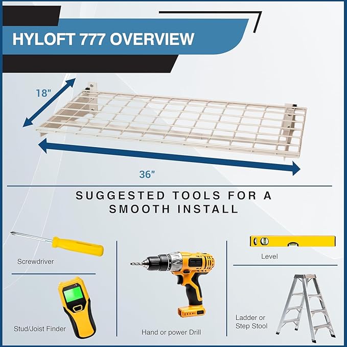 Hyloft Heavy Duty Steel Wall Garage Shelving, 36 in. x 18 in. Adjustable Wall Shelves for Garage Storage, Includes Hanging Rod, Max Shelf Load 200 Pounds, Item 777, 2-Pack, White