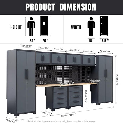 Garage Storage Cabinet System - 2×7-Pc Workshop Set w/Steel Cabinets & Workbench Includes Drawers & Pegboard | Heavy-Duty Tool Organization System for Garage/Workshop Storage