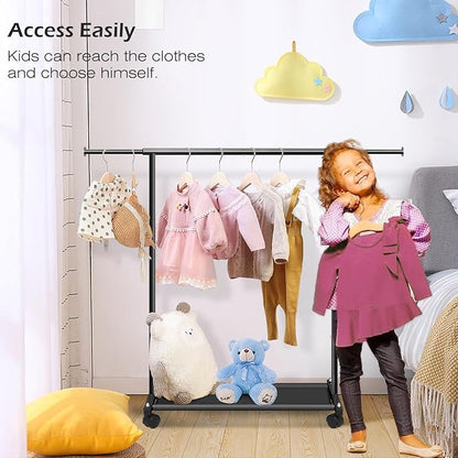MISSLO Short Clothing Racks for Hanging Clothes with Bottom Shelves and Wheels Heavy Duty Rolling Clothes Rack Kids Clothing Rack for Adult Coat, Closet, Wardrobe (Black)