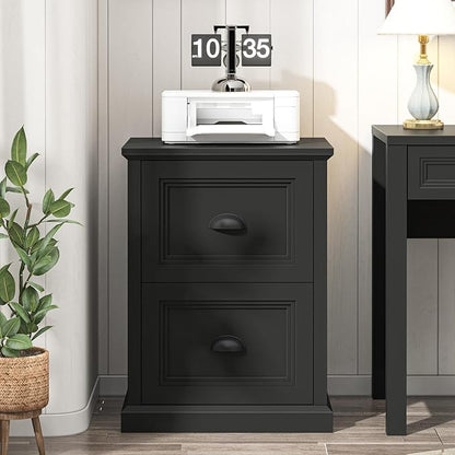 Vertical File Cabinet, Filing Cabinet with 2 File Drawers, Farmhouse Small File Cabinet Fits Letter/A4 Size, Wooden Printer Stand, Under Desk Cabinets for Home Office, Black