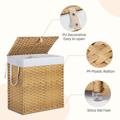 DUMOS Woven Laundry Basket with Lid, 110L Large Capacity Hamper, Removable & Machine-Washable Liner, Foldable Rattan Clothes Hamper, Sturdy Steel Frame, Odor Control, Goose Yellow