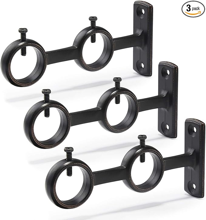 Goowin Curtain Rod Bracket, 3pcs Adjustable Curtain Rod Holder, Double Curtain Brackets Wall Mount Curtain Rod Hooks for Living Room Bathroom Bedroom Curtain rods, Drapery Rods (Black)