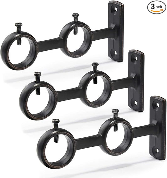 Goowin Curtain Rod Bracket, 3pcs Adjustable Curtain Rod Holder, Double Curtain Brackets Wall Mount Curtain Rod Hooks for Living Room Bathroom Bedroom Curtain rods, Drapery Rods (Black)