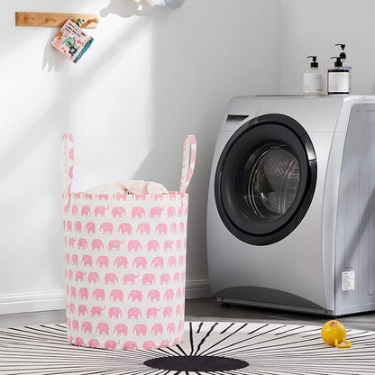 Large Storage Basket for Girls and Boys, Collapsible Laundry Hamper with Long Handles, Toy Bins for Nursery, Kids Room Décor Pink Elephant