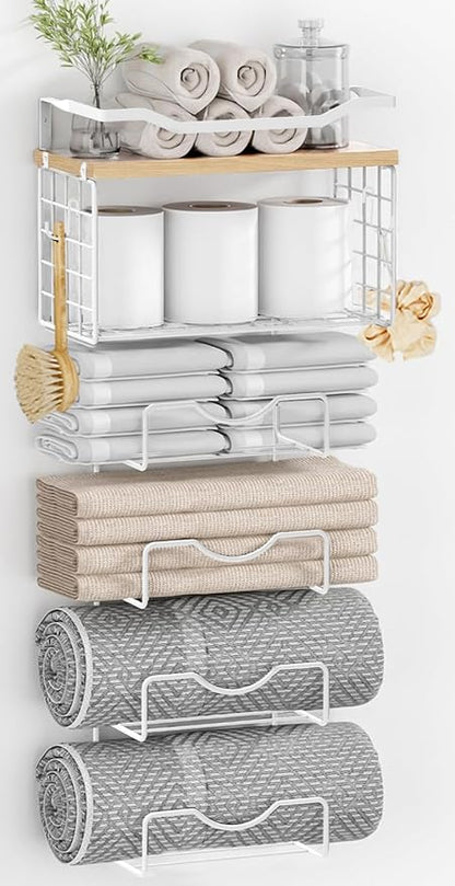 Towel Racks for Bathroom,Towel Rack Wall Mounted, 6 Tier Rolled Or Folded Towel Holder with Floating Shelves, Bathroom Towel Holder for Bath, Hand Towels,White,Walnut Wood Panel