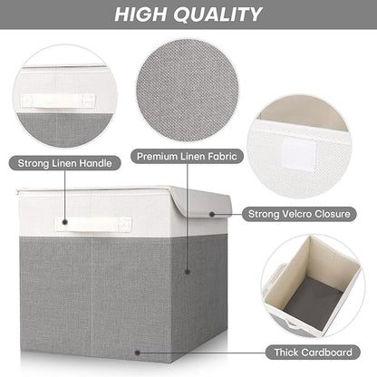 Large 17" 42 Quarts Collapsible Stackable Storage Bins with Lids [3-Pack] Foldable Fabric Linen Storage Boxes Cube, Closet Organizer Baskets with Label (16.7 x 12 x 12, Gray & White)