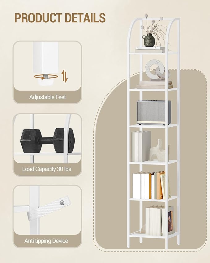 Bookshelf Narrow Bookcase, Tall Storage Rack with Steel Frame, Display Standing Shelf Unit, Skinny Book Shelf for Study Living Room Home Office, Industrial Style, 6-Tier White BC56013W