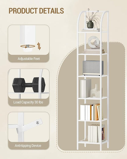 Bookshelf Narrow Bookcase, Tall Storage Rack with Steel Frame, Display Standing Shelf Unit, Skinny Book Shelf for Study Living Room Home Office, Industrial Style, 6-Tier White BC56013W