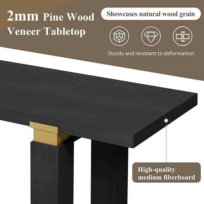 62.9" Modern Minimalist Console Table, Solid Wood Entryway Sofa Table with Metal Accents, 2-Tier with Open Shelf and Built-in Shelf for Living Room, Hallway (Black-J22)