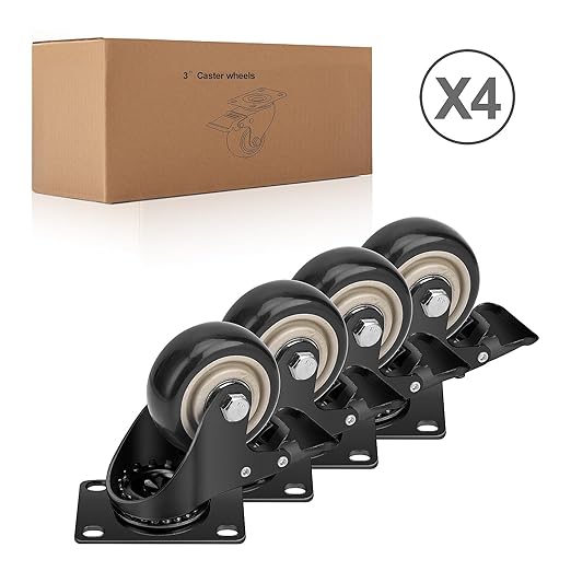 3 Inch Industrial Heavy Duty Swivel Caster Wheels with Brake,Set of 4 Safety Locking Casters,Load 1600lbs,Premium Polyurethane Wheels for Table,Trailer,Saw Table,Stage Toolbox,Bed,Corn Board