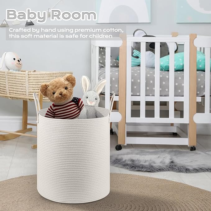 Cotton Rope Laundry Basket Hamper for Girls Kids Baby Nursery Hamper Bin Woven Storage Basket for Living Room cute laundry basket Tall Laundry Basket for Blanket Toy storage bin&box(White)
