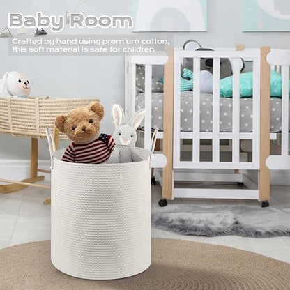 Cotton Rope Laundry Basket Hamper for Girls Kids Baby Nursery Hamper Bin Woven Storage Basket for Living Room cute laundry basket Tall Laundry Basket for Blanket Toy storage bin&box(White)