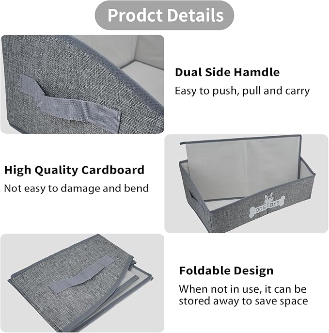 JIABEIUS Dog Toy Box, Foldable Dog Toy Storage Organizer, Fabric Toy Basket with Handle, Pet Storage Box for Pet Supplies, Dog and Cat Toys, Collars, Clothes, Treats, (Grey)
