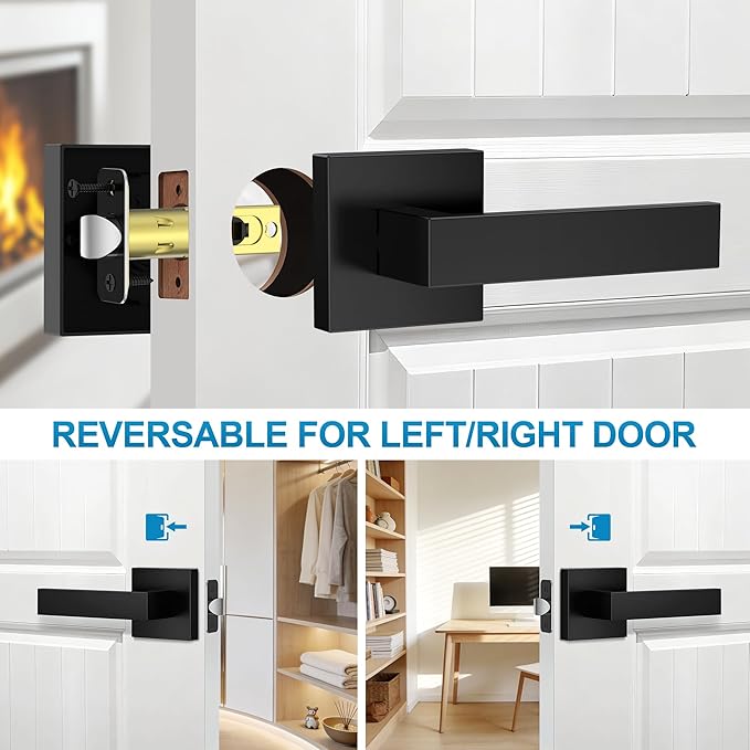3 Pack Matte Black Door Handles, Passage Door Levers for Hallway & Closet, Interior Keyless Door Knobs Heavy Duty Square Non-Locking Handlesets, Reversible for Left & Right Sided Doors
