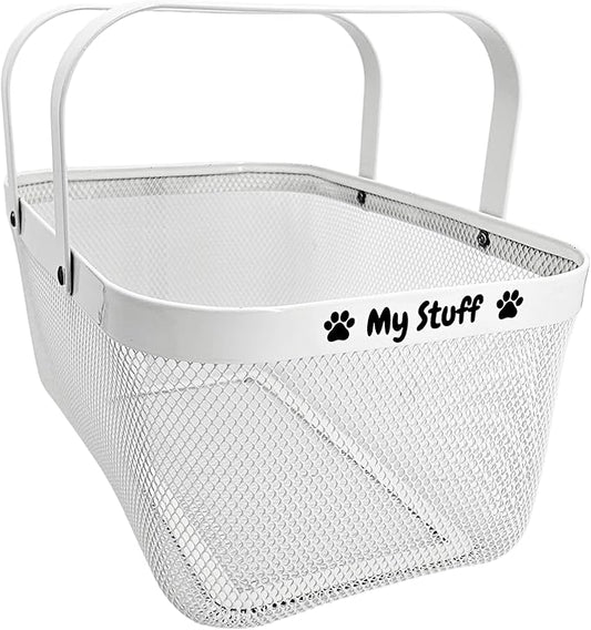 Dog Toy Basket Metal Mesh Metal, Chew Proof, 16 (L) x 9.5 (W) x 7 (H) inches White Dog Toy Bin, Sturdy Pet Toy Basket