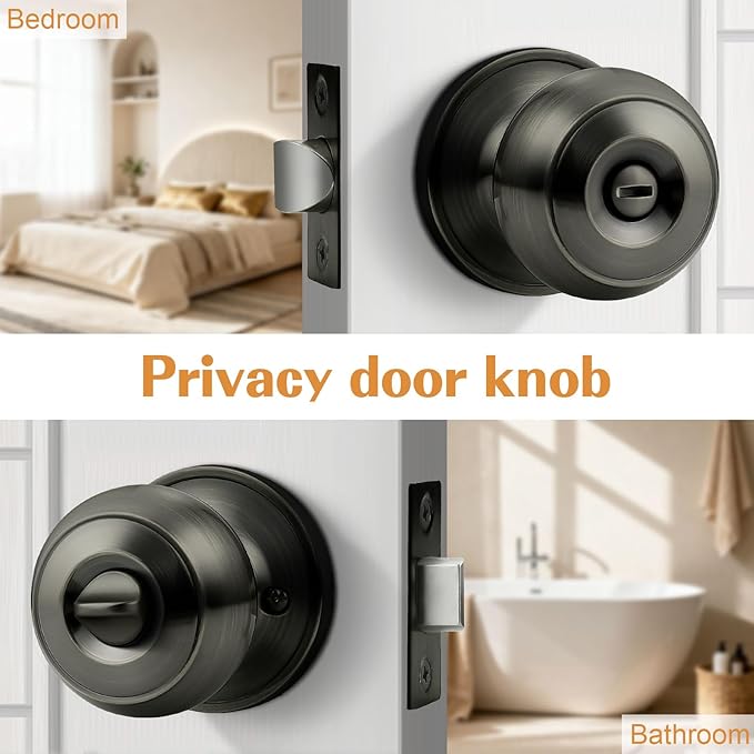 Probrico Satin Gunmetal Door Knobs for Bedroom Bathroom, Interior Door Knob with Round Ball, Grey Privacy Door Knob, 6 Pack